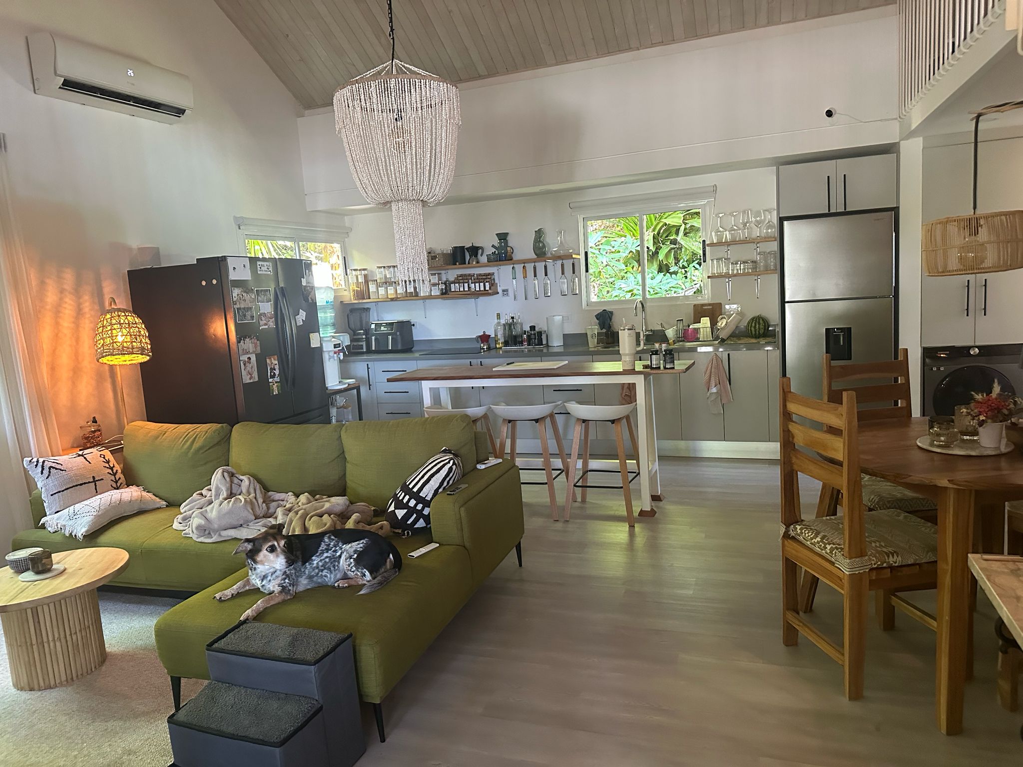 Living room and kitchen area in Casa Mia beach home for sale Costa Rica